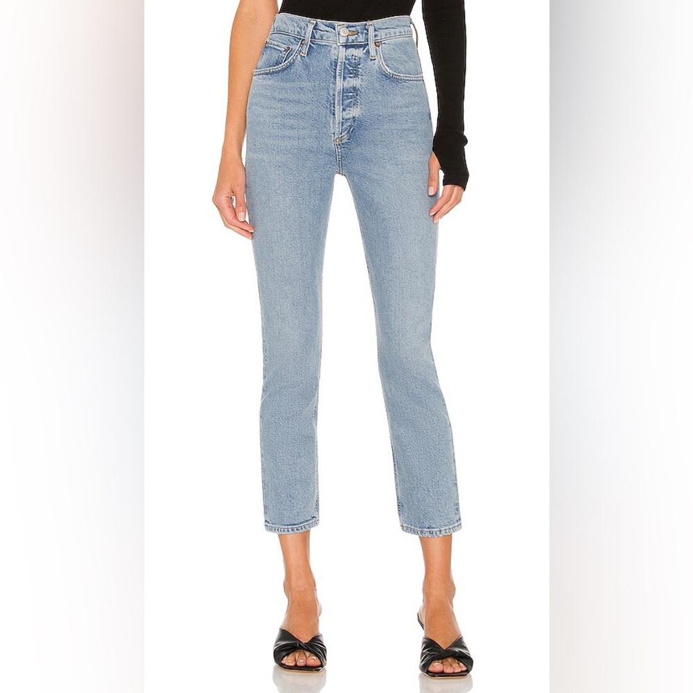 Agolde Riley Crop High Waisted Straight Jeans in Shiver Blue Size 27